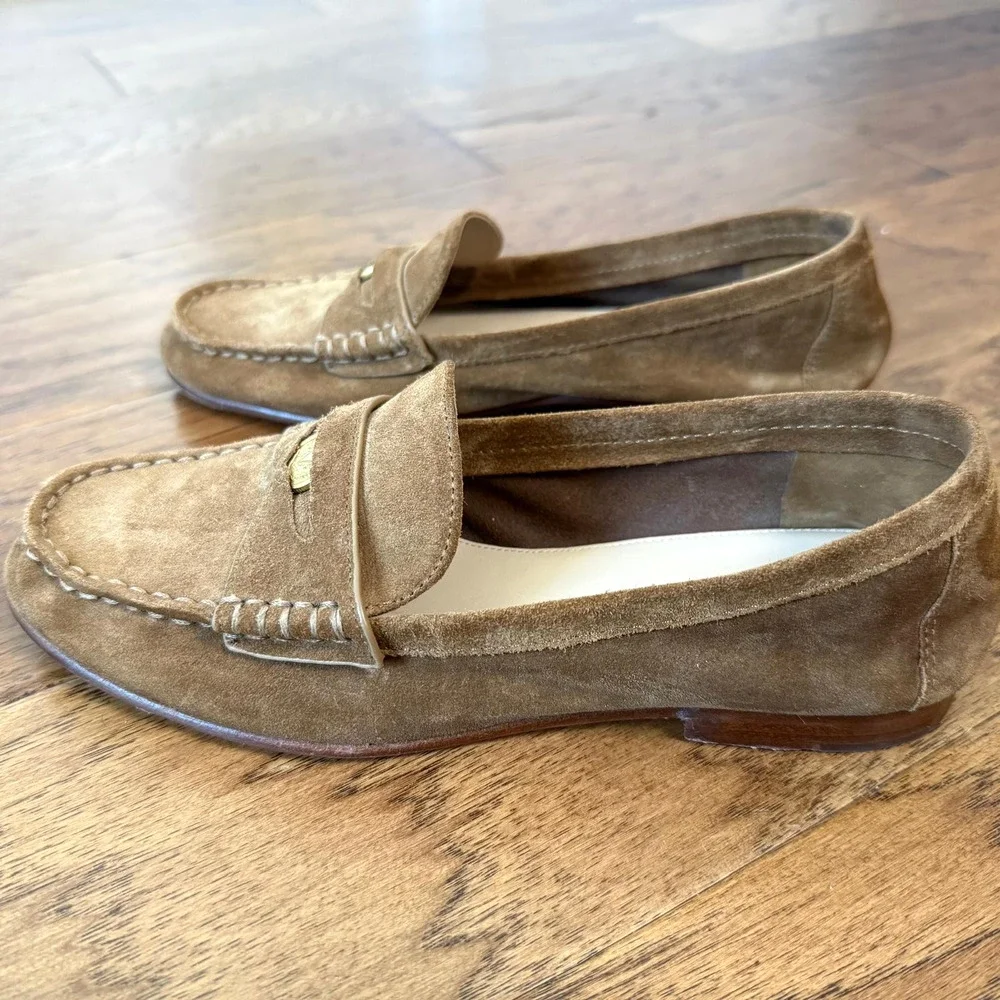 VERONICA BEARD SUEDE PENNY LOAFERS IN HAZELWOOD Size 6.5M EUC